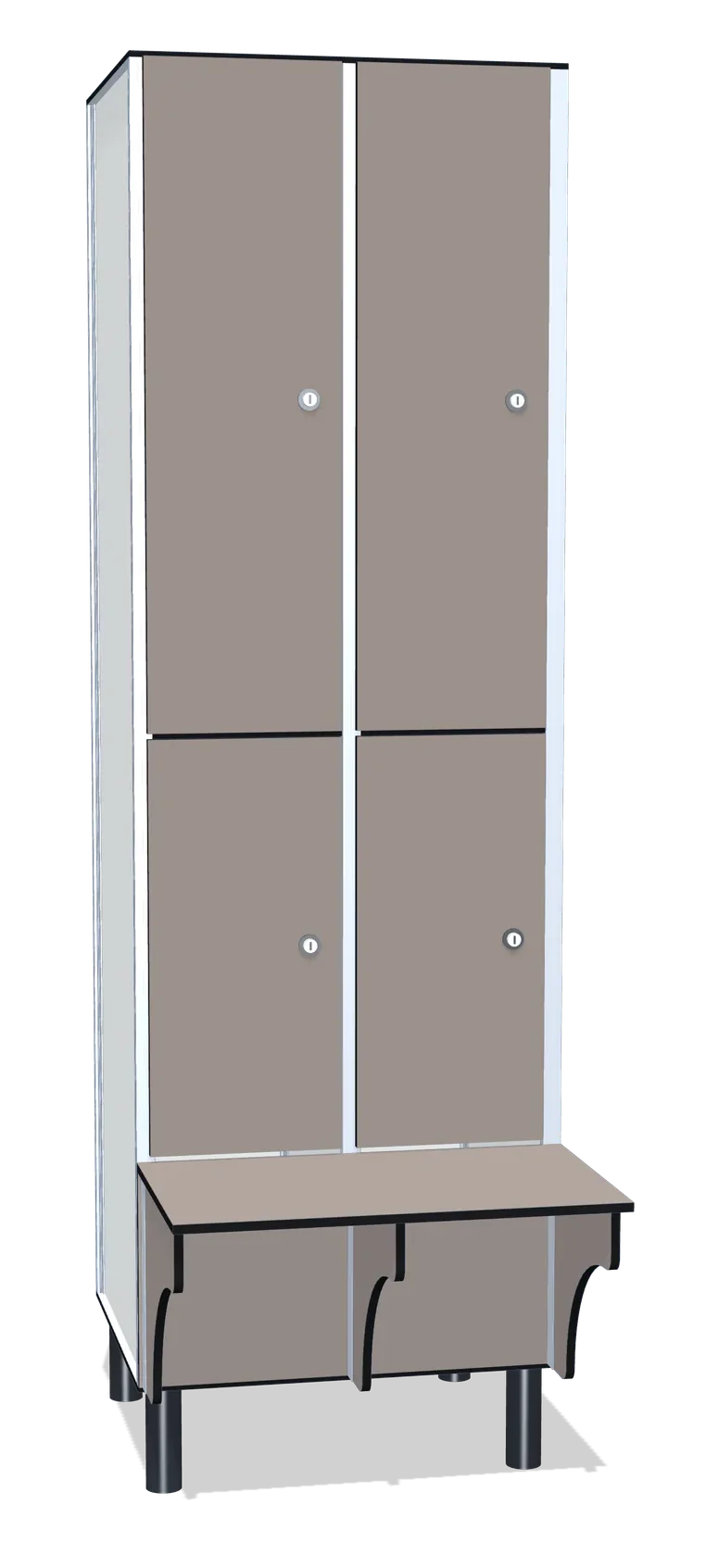 Render de una taquilla fenólica de dos cuerpos y dos puertas con el banco incorporado: un asiento del mismo color sobre cartelas, bajo la puerta de abajo