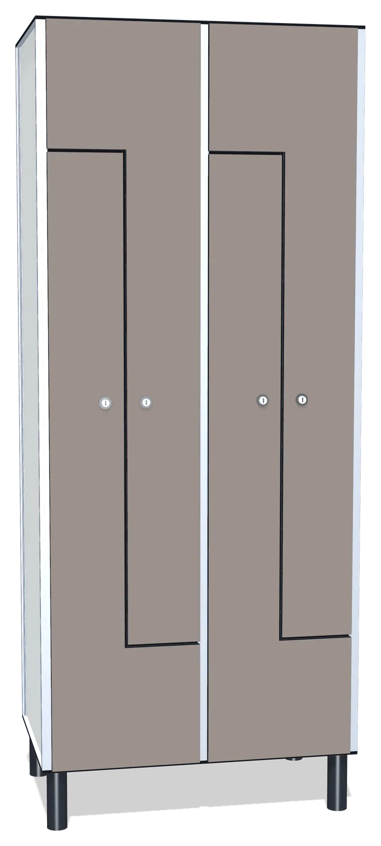 Render de una taquilla fenólica de dos cuerpos con puertas en L, dos usuarios por cuerpo