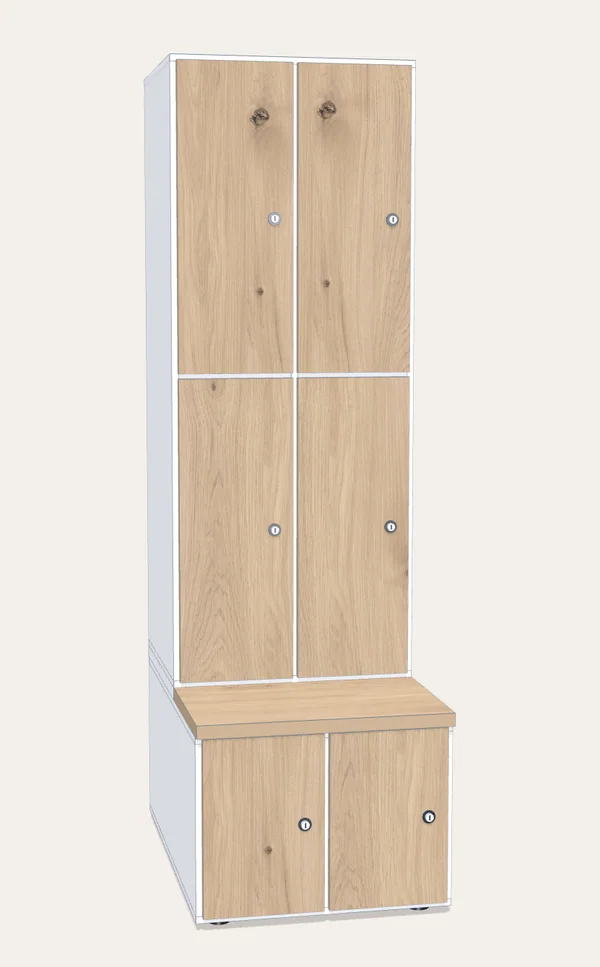 Render de una taquilla de melamina de dos cuerpos encima de un banco con el asiento corrido y una taquilla baja por cuerpo