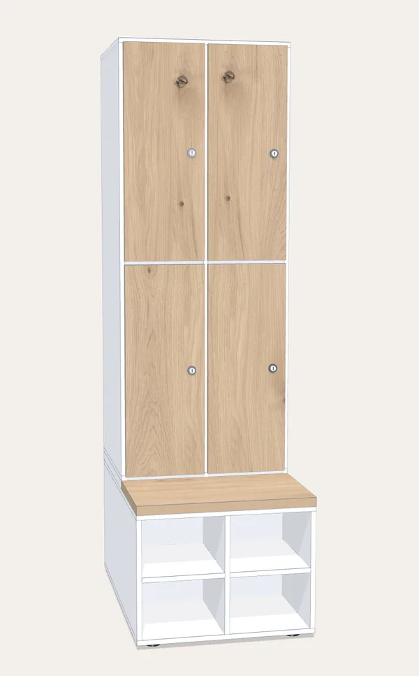 Render de una taquilla de melamina de dos cuerpos encima de un banco zapatero, con el asiento corrido y los huecos abiertos para el calzado