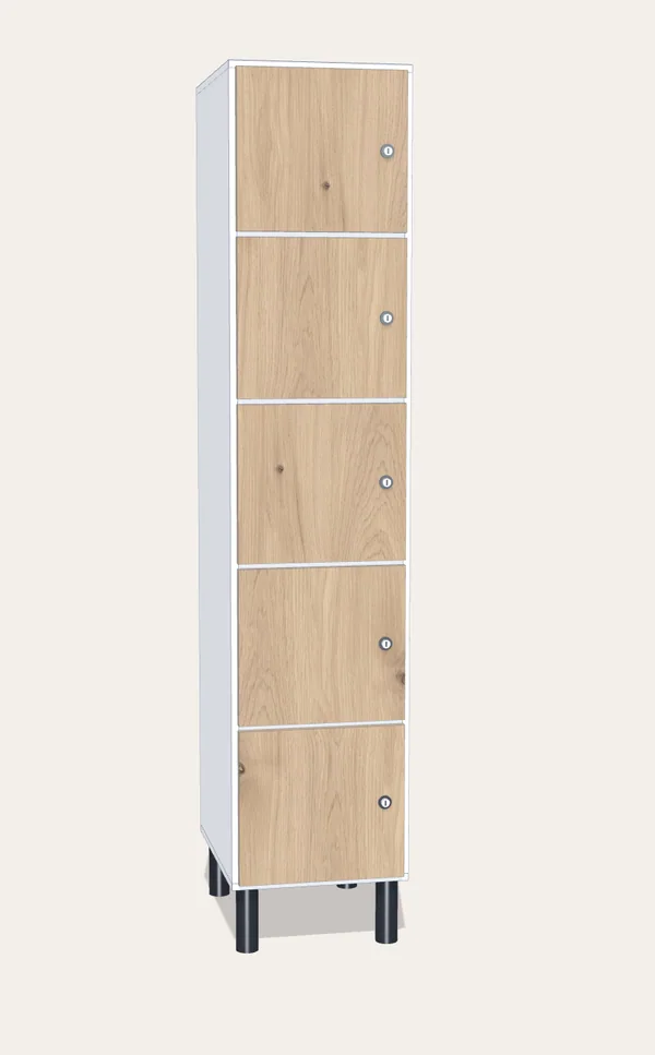 Render de una taquilla de melamina de cinco puertas, en casilleros, en acabado madera