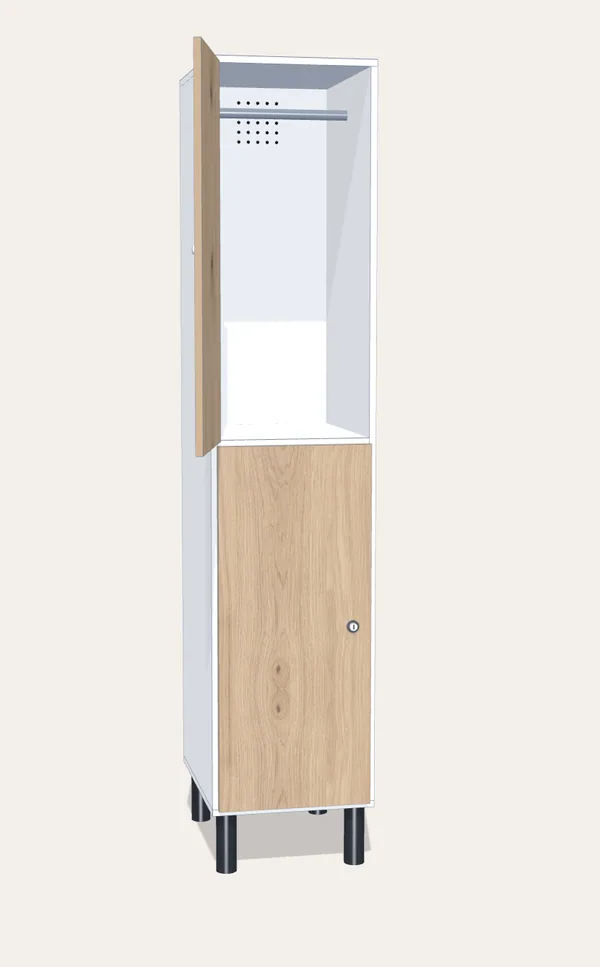 Render de una taquilla de melamina doble, con la puerta de arriba abierta y su barra de colgar