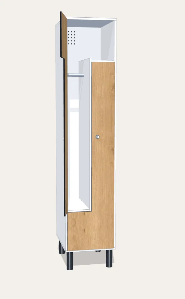 Render de una taquilla de melamina con puertas en L de compacto fenólico, con una abierta