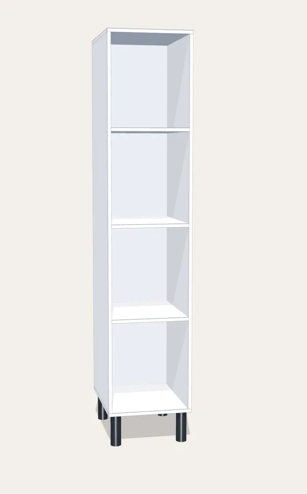 Render de un casillero de melamina blanca sin puertas, de cuatro huecos