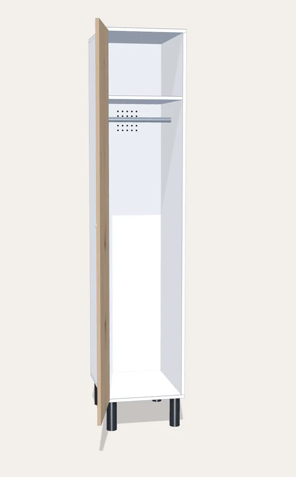 Render de una taquilla de melamina de una puerta, abierta, con estante arriba y barra de colgar